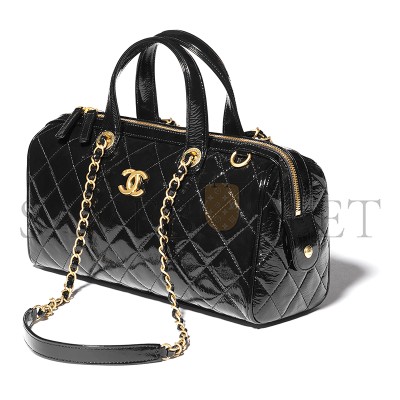 CHANEL LARGE BOWLING BAG PATENT CRUMPLED CALFSKIN & GOLD-TONE METAL BLACK AS5579 (31*17*13cm)